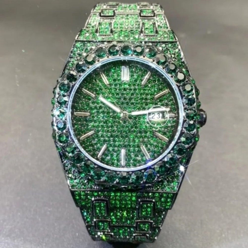 Mens Luxury Full Ice Green Simulated Diamond Hip Hop Bling Quartz Movement Watch
